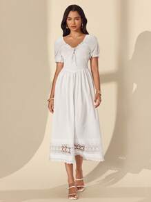 Almamuse All White Women's Elegant Lace Collar Splice  Lace Boho White Dress - White - View 3