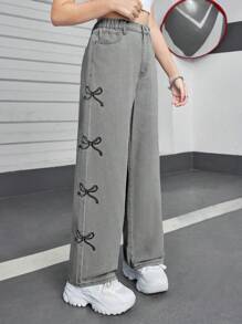 SHEIN Girls' Washed Casual Straight Jeans With Cute Butterfly Embroidery And Bow Decor, Comfortable And Versatile Fall Winter