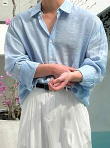 DAZY Camisa de lino con textura de color azul sólido para hombre, primavera/verano - Azul - Ver 5