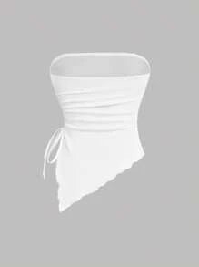 SHEIN MOD Top tomara que caia casual feminino com estampa de lírio azul e bainha assimétrica, ideal para o verão, praia, festivais de música, férias de primavera, clima de garota de Miami no verão