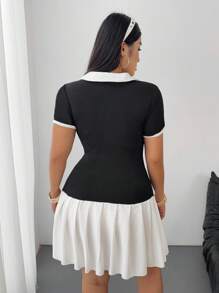 Flirla Retro V-Neck 2 In 1 Polo Collar Black And White Bodycon Dress,Back-To-School Graduation Casual Summer Mini Dress,Short Sleeve Letter Print Mini Dress - Multicolor - View 3