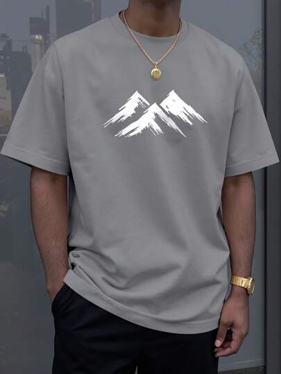 Manfinity Homme Herren Sommer Lässig minimalistisches T-Shirt mit Berg Motiv, Kurzarm