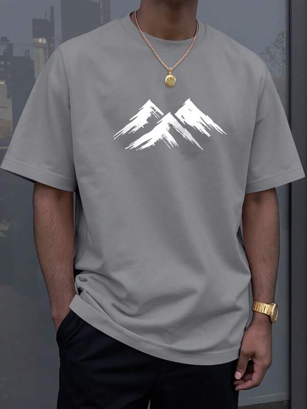 Manfinity Homme Tricou cu mânecă scurtă pentru bărbați, casual, minimalist, cu imprimeu montan