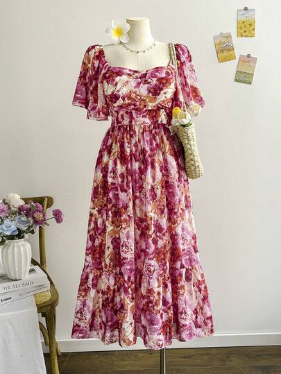 Dreamara Plusstorlek Dam Vår Alla hjärtans dag Rosa blommig chiffongklänning med fyrkantig halsringning och rynka ärmar