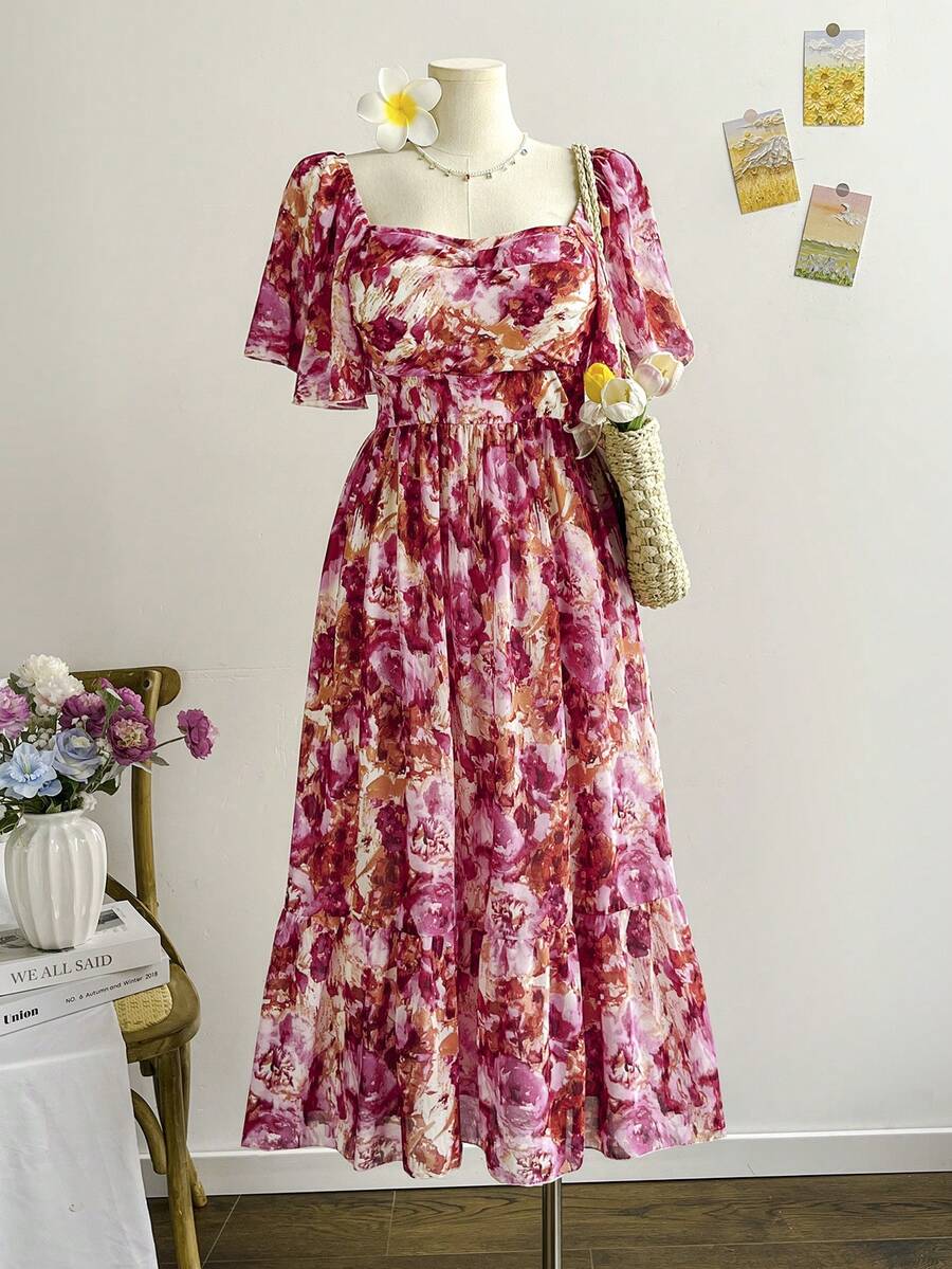 Dreamara Plusstorlek Dam Vår Alla hjärtans dag Rosa blommig chiffongklänning med fyrkantig halsringning och rynka ärmar - Multifärgad - Visa 1