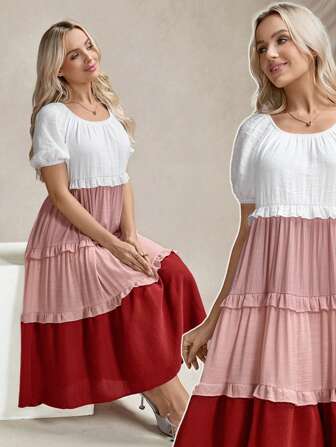 Wildy Tulum Teacher Back To School Western Wear Women Airport Outfit Women Sun Dresses For Women Women's Fashion Elegant Casual Color Block Midi Dress