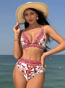 SHEIN Swim Women Floral Print Deep V-Neck Bikini Set