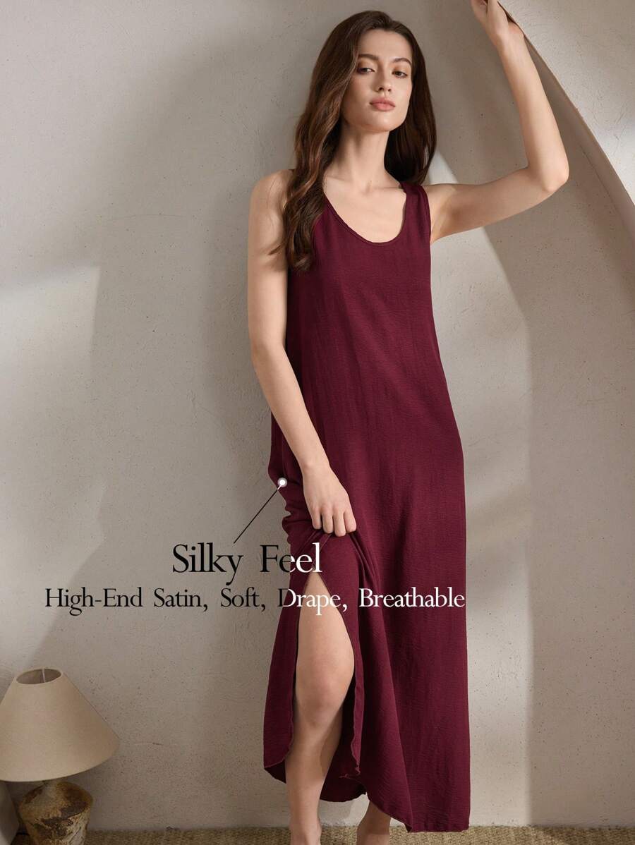 Ocili Váy ngủ Maxi dài mềm mại thoải mái màu trơn Leisure dành cho nữ mùa lễ hội Babydoll - Màu Đỏ Sâu - Xem 1