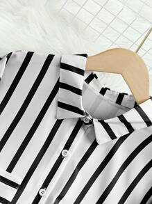 INAWLY 女士春秋宽松条纹长袖口袋休闲衬衫女衬衫 - 黑與白 - 查看 5