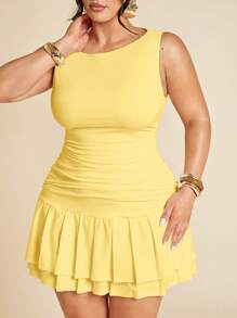 SHEIN BAE 加大码 Curve 女式无袖纯色白色紧身褶皱迷你双层褶皱连衣裙，适合夏季、秋季/冬季，鼠尾草绿色连衣裙 - 黃色 - 查看 5