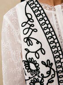 Poéselle Women's Black & White Folk Embroidered Top, Boho Cotton Waistcoat, White Floral Summer Cardigan, Cottagecore Tea Party Layering Vacation Clothes - White - View 7