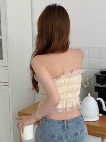 DAZY 纯色荷叶边褶饰网眼覆盖抹胸外出上衣、荷叶边、短款上衣 女士 - 杏色 - 查看 2