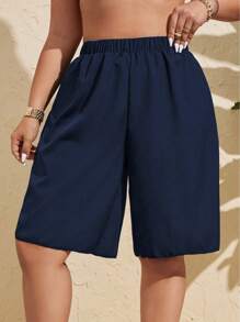 Swim Vcay Plus Size Women Solid Color Knee Length Beach Shorts For Summer Beach Vacation