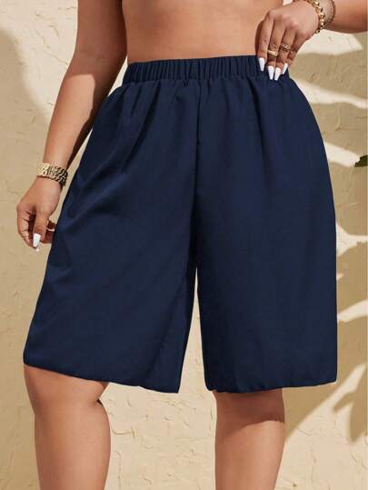 Swim Vcay Plus Size Women Solid Color Knee Length Beach Shorts For Summer Beach Vacation