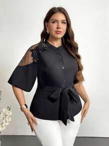 Firerie Plus Size Women 3D Embroidered Patchwork Long Elegant Blouse In Black - Black - View 5