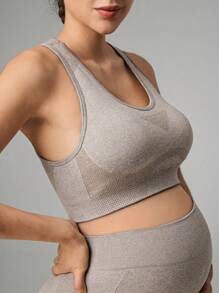 SHEIN Maternity Plain Round Neck Daily Fitness Sport Tank Top - Khaki - View 5