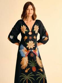 CAJUNI Women's Boho Style Black Background Parrot, Pineapple, Coconut Tree And Tropical Floral Print V-Neck Long Sleeve Hollow Drop & Criss-Cross Back Vacation Maxi Dress
