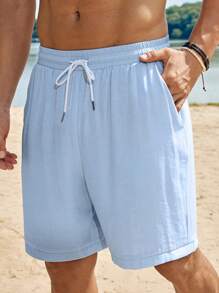 Manfinity Nomadique Men's Casual Bamboo Knit Solid Color Short Sleeve Shirt And Drawstring Waist Pocket Shorts Set, Summer