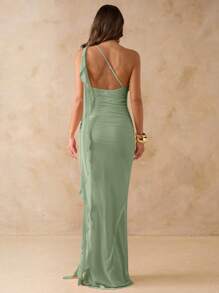 SHEIN BAE Spring & Summer Solid Color Asymmetric Ruched Backless Long Mesh Ruffled Hem Elegant Dress, Beach Vacation Dress,Valentine's Day,Valentine Outfits For Women - Mint Green - View 2