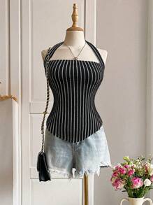 Cévolie Women's Summer Sleeveless Halter Striped Tank Top - Black and White - View 4