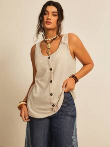 Freevana Plus Waffle Knit Button Front Tank Top - Apricot - View 4