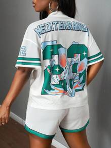 Slaydiva 2025新款夏季休闲街头运动风音乐季机车风绿色23数字标语Logo郁金香复古图案全身印花V领短袖宽松T恤+宽松短裤女 - 杏色 - 查看 2