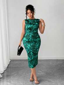 Elenzga Đầm suông không tay màu xanh navy thanh lịch họa tiết hoa cỡ lớn cho nữ có xẻ tà, thích hợp cho tiệc chiêu đãi, tiệc sinh nhật, hẹn hò và các dịp khác, mùa xuân/hè - màu xanh lá - Xem 4