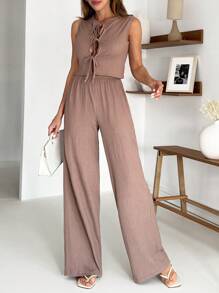 SHEIN Dames effen kleur 2-delige outfits Co-Ords strik voor of achter top mouwloze blouse en wijde broek casual lente zomer