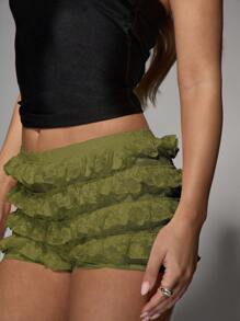 MISSGUIDED Quần short ren xếp tầng cạp cao mùa hè nhiều lớp mặc ở nhà dự tiệc đi chơi đi biển - Màu Khaki - Xem 3