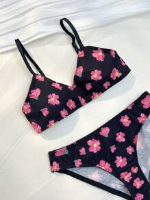 两件套乡村碎花印花撞色舒适甜美大码女童内衣套装 - 黑色 - 查看 4