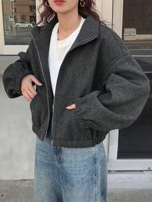 FRIFUL Women's Solid Color Drop Shoulder Zipper Front Leisure Loose Jacket Grey Jacket Oversized Jacket Crop Jacket Tweed Jacket Women Zip Up Jacket Fall/Winter Women Coats - Dark Grey - View 3