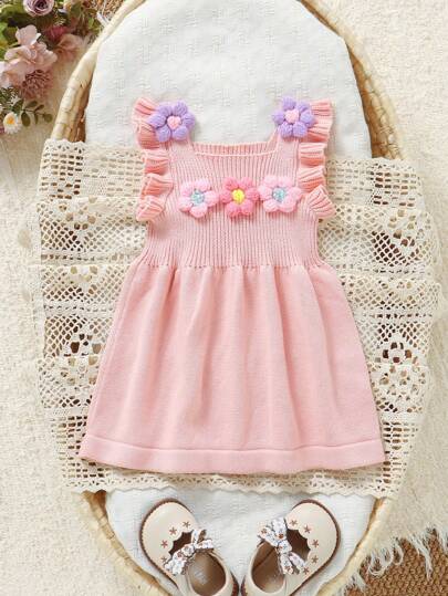 SHEIN Pink Baby Girls Knitted Dress With Ruffle Trim, Cap Sleeves & 3D Floral Decor, Cute And Fashionable Pink Baby Girl Dress Knitted Baby Dress Baby Girl Summer Dress Floral Baby Dress Infant Dress Fall Winter