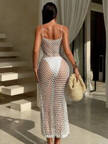 SHEIN Swim Vcay Women's Starfish Decor Hollow Out Side Slit Hem Cami Cover Up Dress For Vacation For Summer - White - View 3