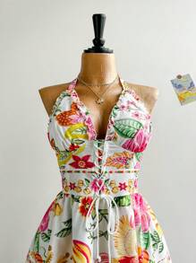 Soleia Plus Size Women Retro Floral Print Frill Halter Neck Tie Front Casual Summer Dress, Romantic, Graduation Season, Wedding Season, Back To School, Cute Lunch, Summer Travel