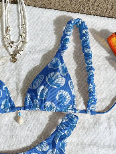  Swim Mod-D 2 Pieces Set: Summer Vacation Random Printed, Ribbed Texture Fabric, Thick Strap, Shell Decor Triangle Cup Bra And Bikini Bottom Sexy Swimsuit For Women