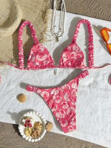 Swim Mod 2 Pieces Set, Summer Vacation Random Print Rib Textured Fabric Thick Straps Shell Decors Triangle Cup Bra And Bikini Bottoms Sexy Ladies Swimwear - Pink - View 2