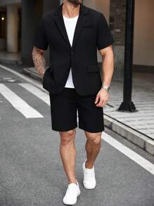 Calvornis Conjunto casual de talla grande para hombre, con camisa de manga corta y pantalón corto de jacquard - Negro - Ver 3