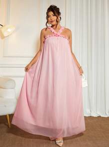 Cravure Plus Size Women's Solid Color 3D Floral Trim Adjustable Spaghetti Strap Flared Romantic Elegant Dress, Summer