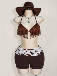 SHEIN ICON Shorts mini súper cortos con cintura plegable de talla grande con estampado de vaca, estilo bohemio nómada, apropiados para el verano