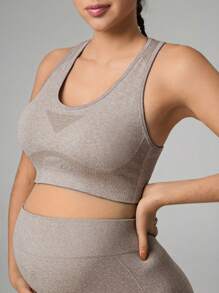 SHEIN Maternity Plain Round Neck Daily Fitness Sport Tank Top - Khaki - View 3