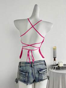 Zolique Débardeur ajusté à fines bretelles spaghetti en sequins brodés sexy, convient pour les vacances - Rose vif - Voir 2