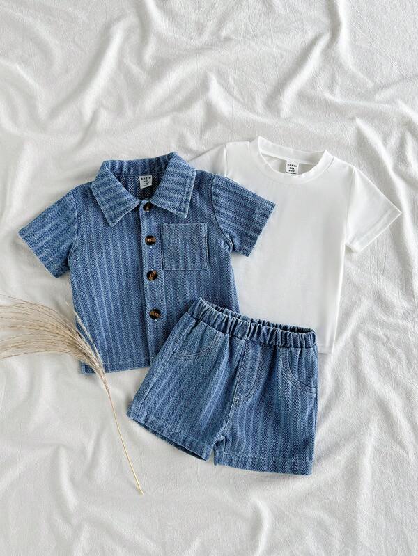 SHEIN Vintaside Kids Babyboy lente/zomer 3-delige set, fris, puur wit en energiek! Puur wit topje met ronde hals en korte mouwen met een eenvoudig en strak design, denim jasje met korte mouwen en kraag, coole en casual denim shorts. Geschikt voor buitenspelen en zonnen, casual thuiskleding, sport, feestjes en diverse gelegenheden, en makkelijk te wisselen tussen verschillende scènes!