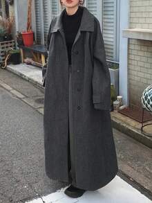 FRIFUL Women's Regular Collar Loose Solid Color Extra Long Overcoat, Autumn/Winter Jacket - Dark Grey - View 3