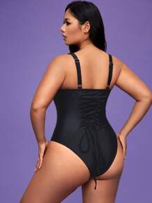 SHEIN Swim Curve 1pc Plus Size Shaping Swimsuit With Drawstring For Summer Beach Vacation - Black - View 3