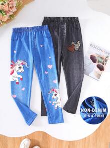 2pcs/Set Girls Minimalist & Comfortable Pants, Unicorn Print + Leopard Heart Pattern, Soft Skin-Friendly Fabric, Stylish Street Fashion Back To School Clothes Travel Clothes Summer Fall Clothes Unicorn Jeans For Girls Girls Jeans Print Printed Jeans For Girls Jeans For Tweens
