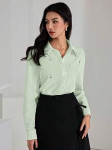 Heiryn 女式水钻装饰落肩长袖单排扣优雅衬衫