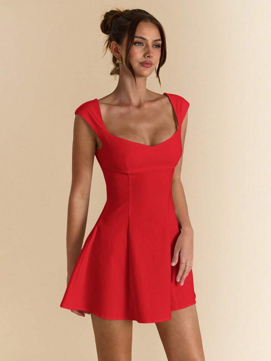 SHEIN BAE White Square Neck Open Back Flowy Dress For Women, Elegant Summer Dresses, Spring/Summer - Red - View 1