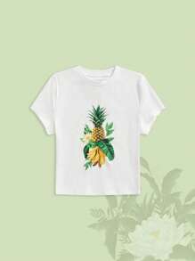 ROMWE The White Lotus 女式夏季休闲菠萝香蕉印花短袖白色T恤 - 白色 - 查看 5