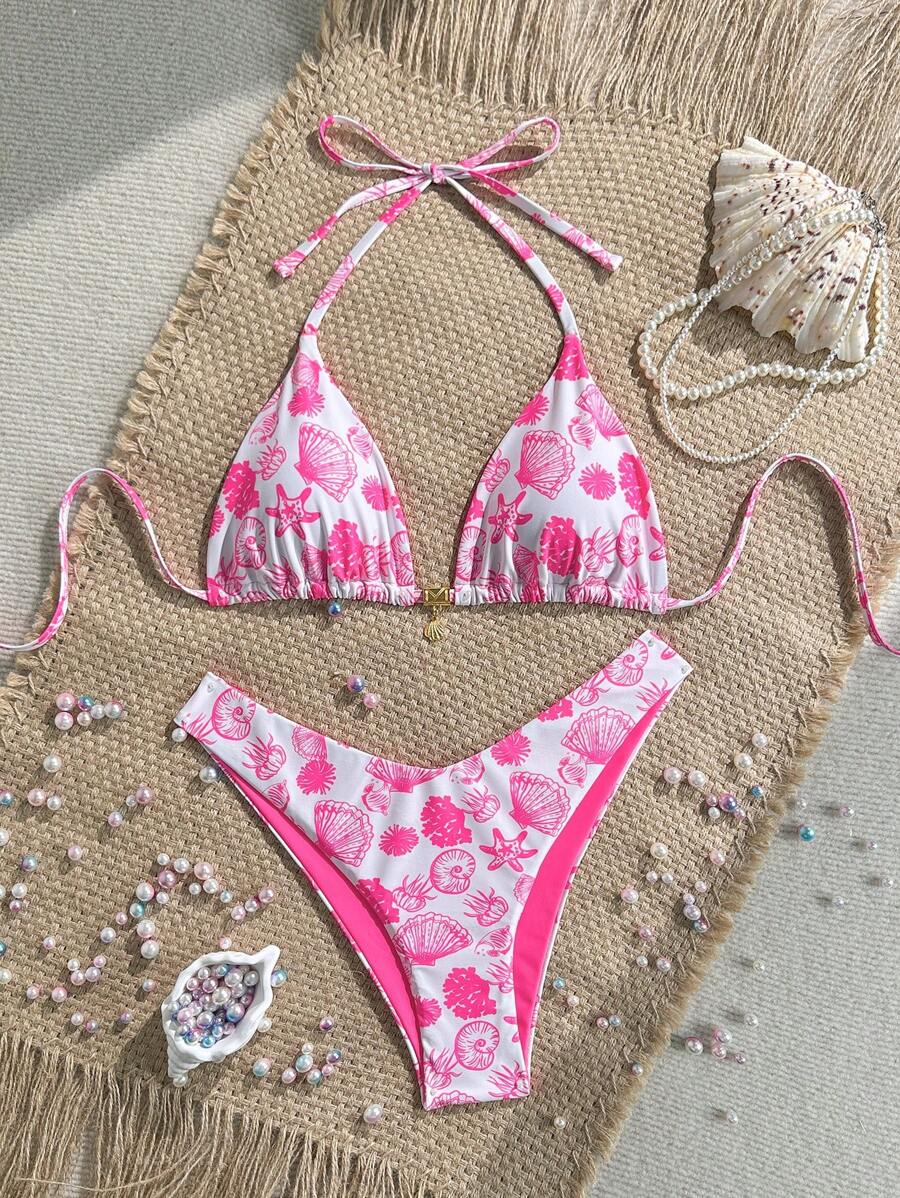 Swim Mod 2件套夏季假期随机印花金色贝壳吊带吊带文胸上衣和高胸比基尼泳装 - 粉色 - 查看 1