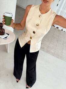 Lavishia Camicia casual aderente con collo a equipaggio e bottoni in metallo texturizzati, abbigliamento autunnale da donna, stile Y2K old money, abbigliamento da lavoro casual e da ufficio, adatto per l'aeroporto